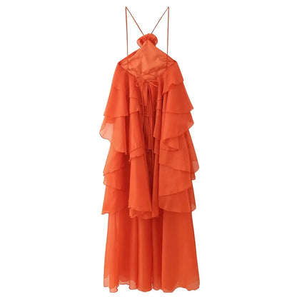 EtherealBe elegant layered decorative dress in vibrant orange with flowing layers and adjustable straps