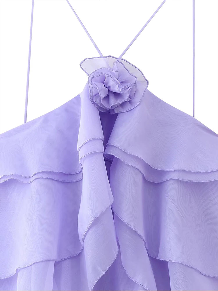 EtherealBe elegant layered decorative dress in soft lavender with ruffle details and floral accent
