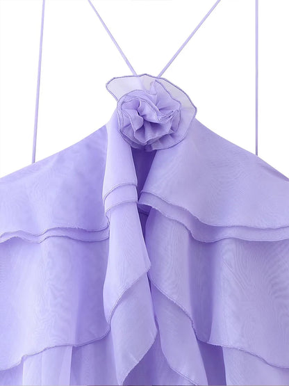 EtherealBe elegant layered decorative dress in soft lavender with ruffle details and floral accent