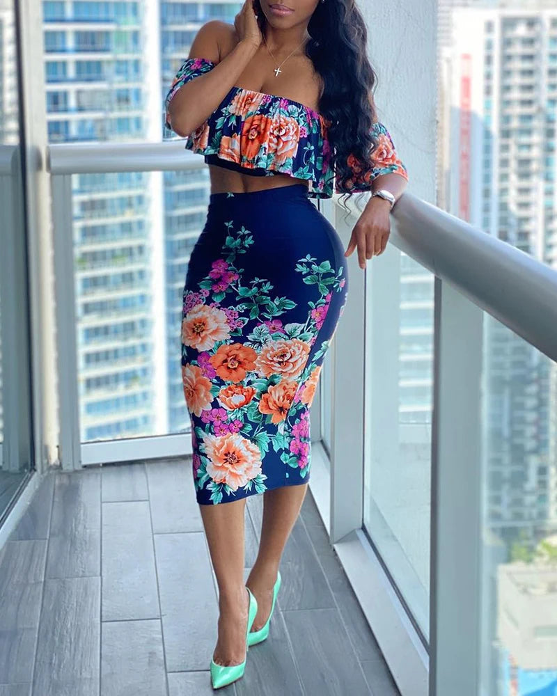 EtherealBe off shoulder floral print dress set with ruffled top and floral design, perfect for summer outings