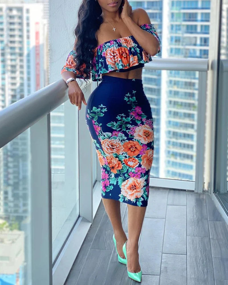 EtherealBe off shoulder floral print dress set featuring vibrant floral patterns and a stylish fit