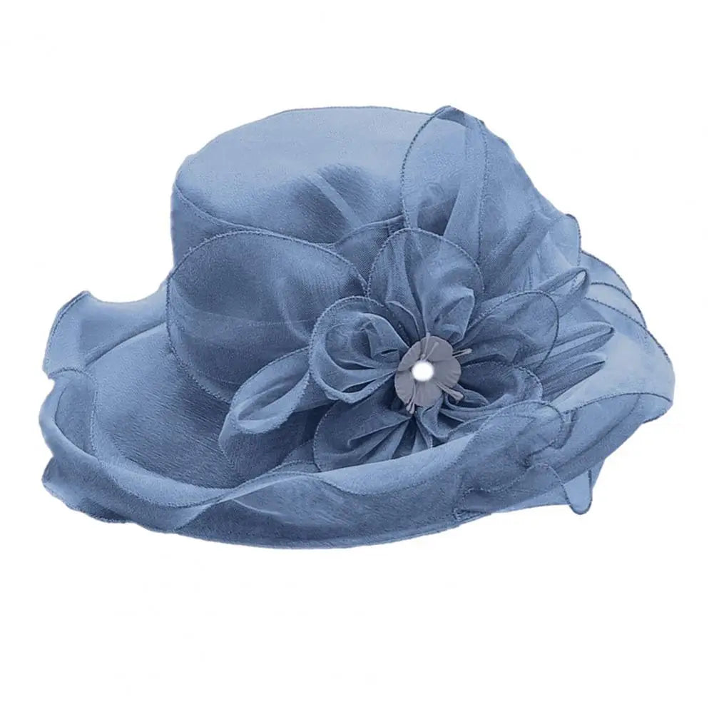 EtherealBe vintage ladies summer beach hat in light blue with decorative flower embellishment