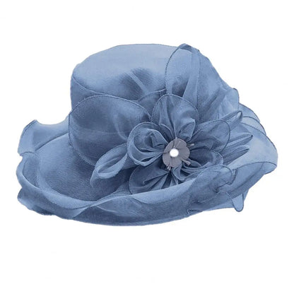 EtherealBe vintage ladies summer beach hat in light blue with decorative flower embellishment