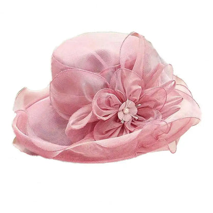 EtherealBe vintage ladies summer beach hat in soft pink with decorative flower embellishment