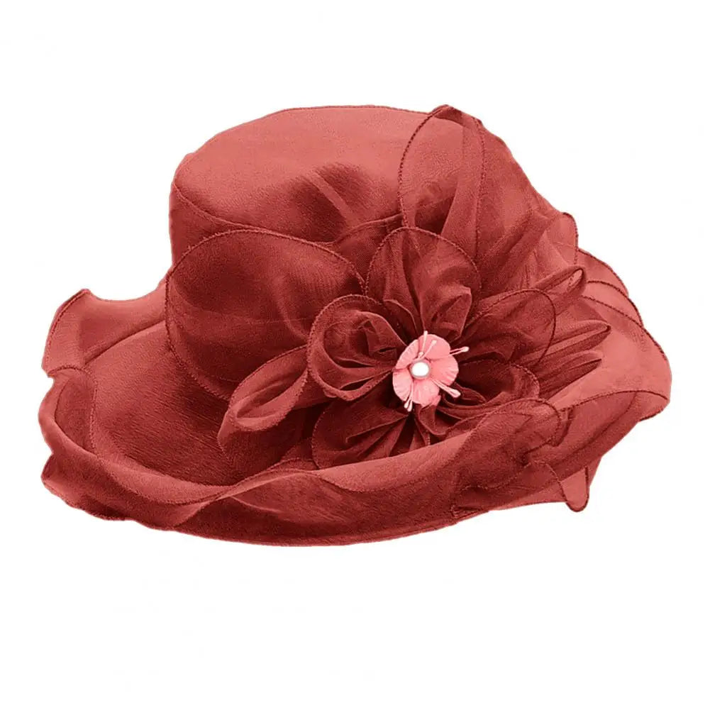 EtherealBe vintage ladies summer beach hat with floral embellishments in a rich red color