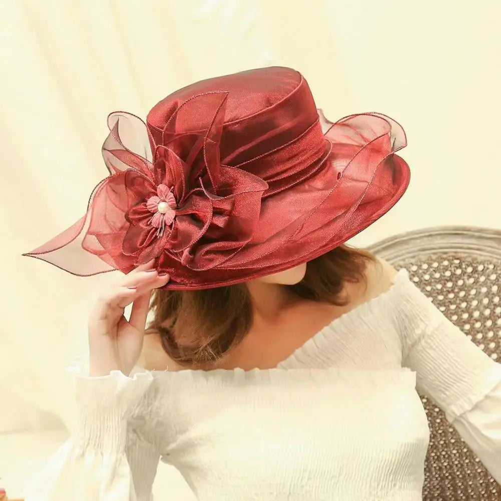 EtherealBe vintage ladies summer beach hat in red with floral decoration and elegant sheer details