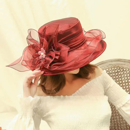 EtherealBe vintage ladies summer beach hat in red with floral decoration and elegant sheer details