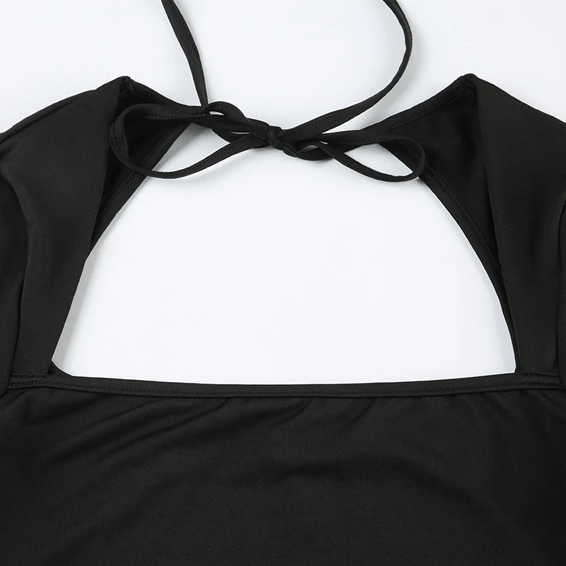 EtherealBe black long sleeve mini dress with open back tie bow and square cutout in stretch fabric