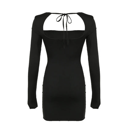 EtherealBe black long sleeve mini dress back view with open square back and tie detail bodycon