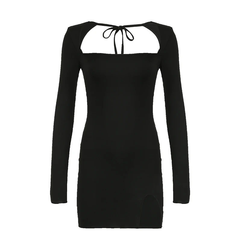 black long sleeve mini dress from EtherealBe fitted bodycon silhouette with front cutout and tie detail