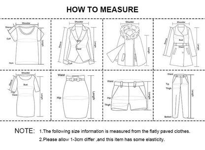 Measurement guide diagrams for garments showing measurements for a black long sleeve mini dress and other pieces