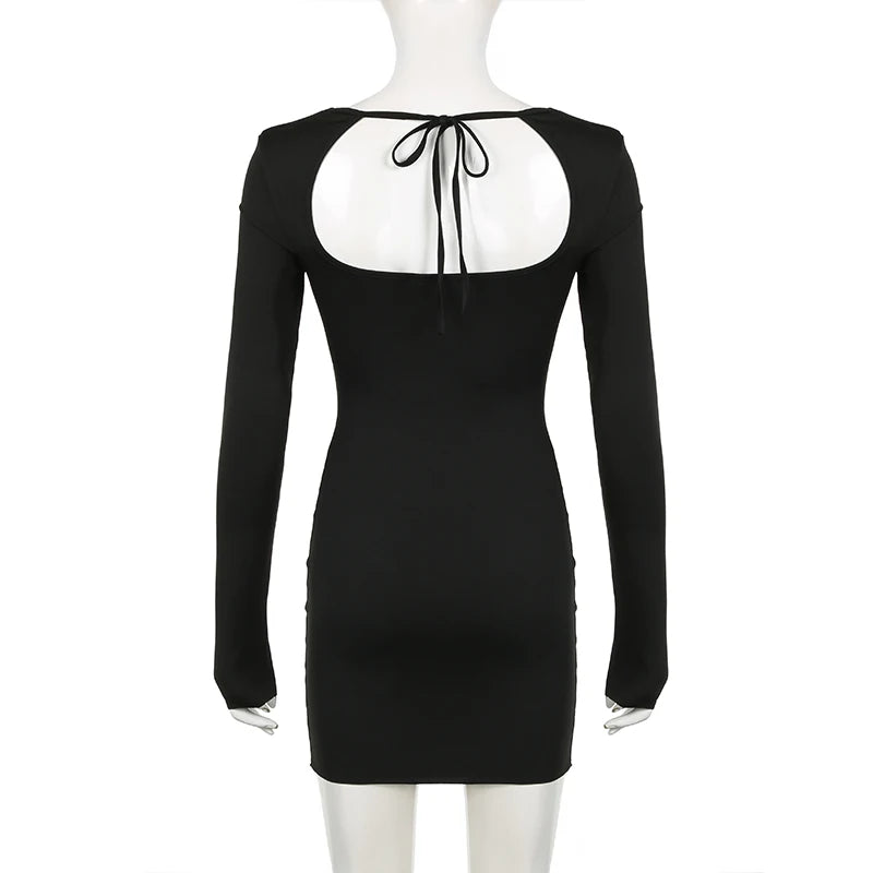 EtherealBe black long sleeve mini dress back view fitted silhouette open keyhole back with bow tie