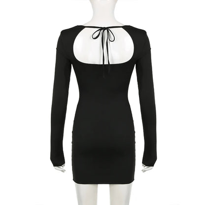 EtherealBe black long sleeve mini dress back view fitted silhouette open keyhole back with bow tie