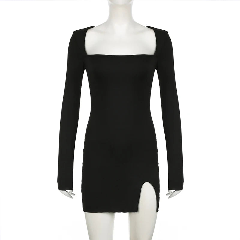 EtherealBe black long sleeve mini dress with square neckline bodycon fit and thigh slit