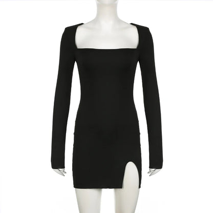 EtherealBe black long sleeve mini dress with square neckline bodycon fit and thigh slit