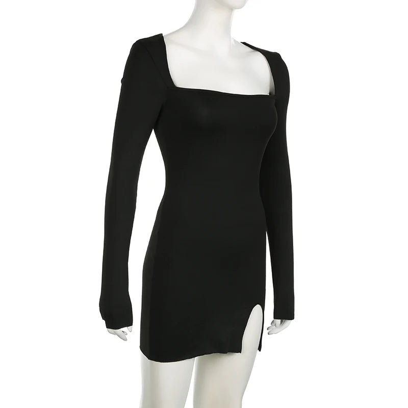 EtherealBe black long sleeve mini dress on mannequin fitted silhouette square neckline front thigh slit