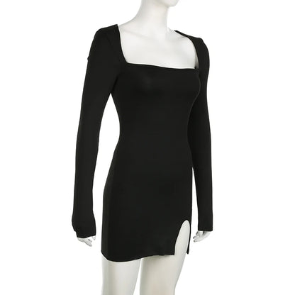 EtherealBe black long sleeve mini dress on mannequin fitted silhouette square neckline front thigh slit