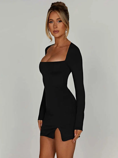 EtherealBe black long sleeve mini dress with square neckline bodycon fit and front slit for evening wear