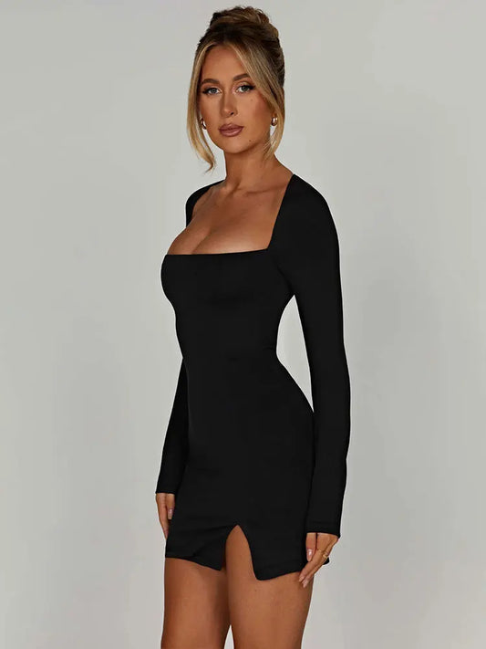 EtherealBe black long sleeve mini dress with square neckline bodycon fit and front slit for evening wear