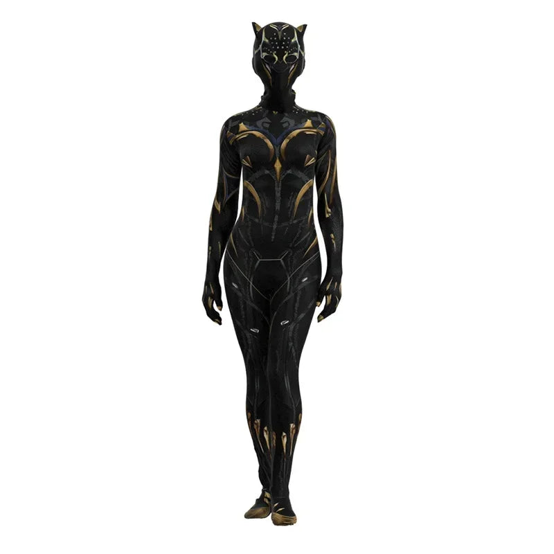 EtherealBe Wakanda Forever cosplay costume designed with black and gold detailing for a perfect superhero look