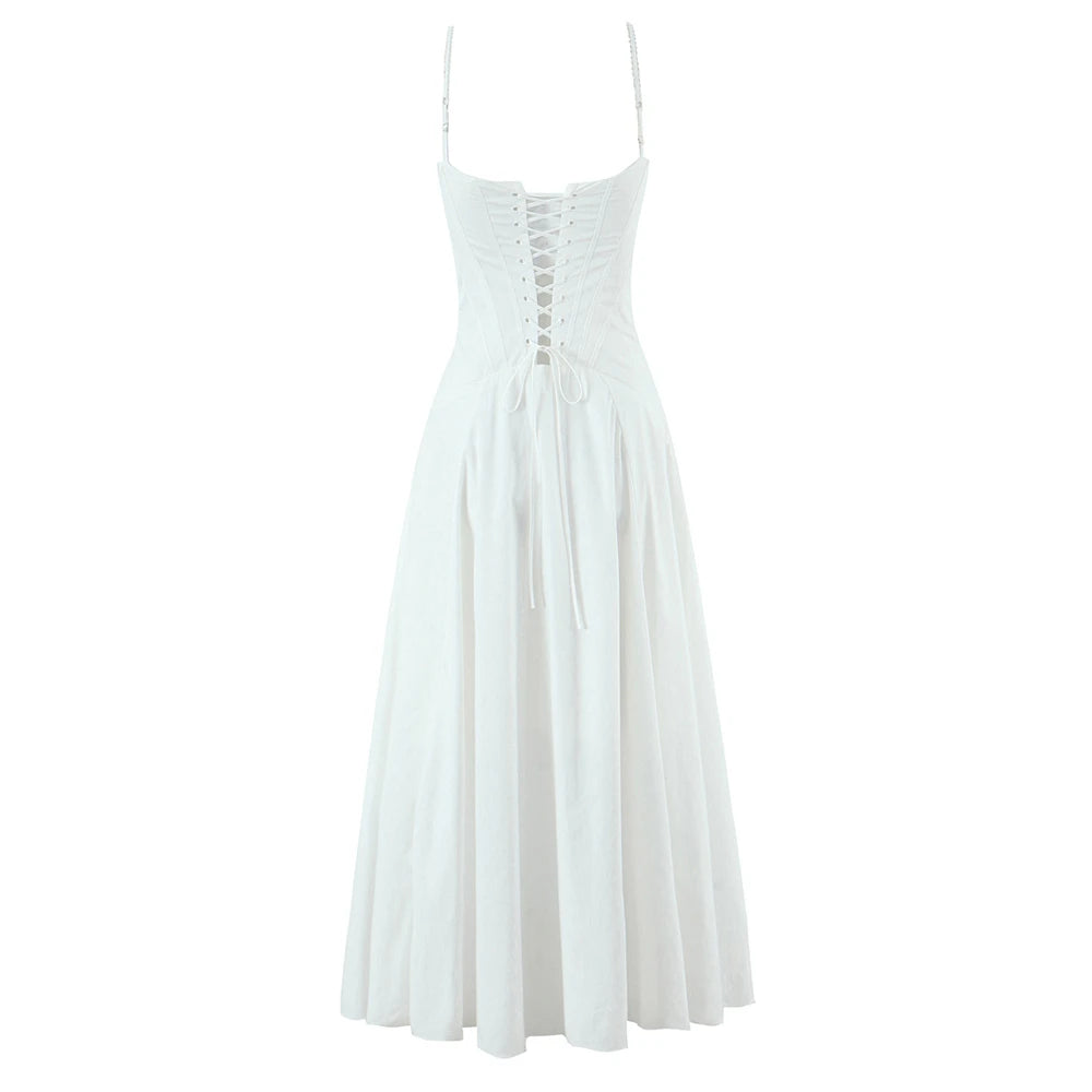 EtherealBe white lace panel midi dress for women with adjustable back laces and flowing skirt