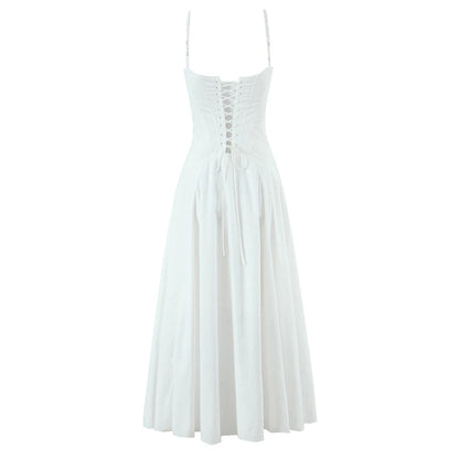 EtherealBe white lace panel midi dress for women with adjustable back laces and flowing skirt