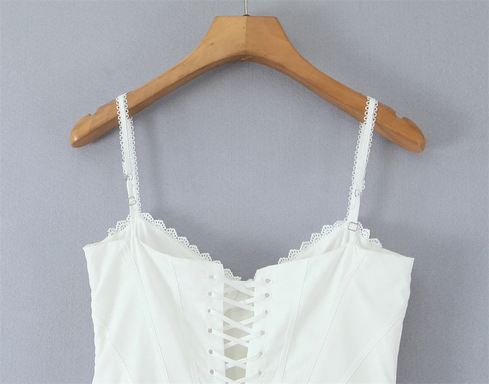 White lace panel midi dress for women featuring a stylish corset-style bodice and delicate straps