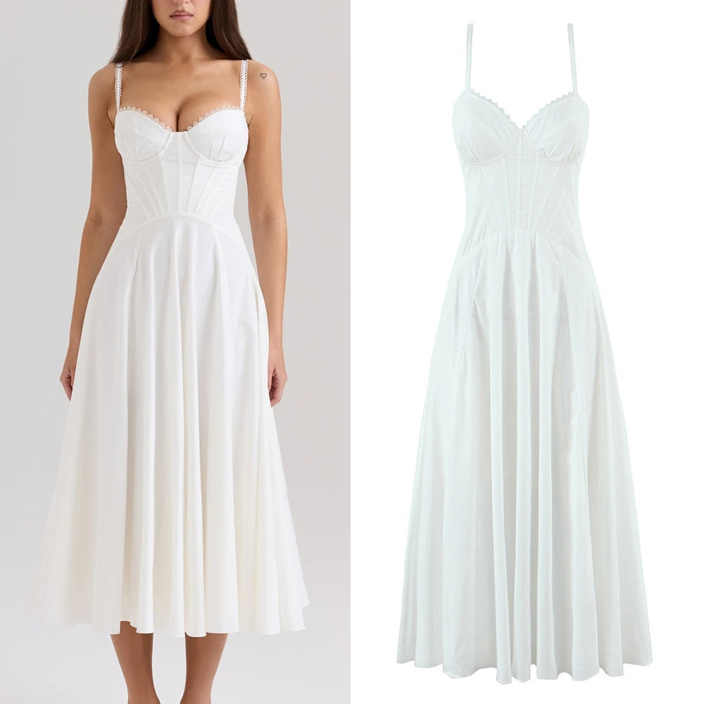 EtherealBe white lace panel midi dress for women with a fitted bodice and flowing skirt
