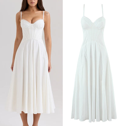 EtherealBe white lace panel midi dress for women with a fitted bodice and flowing skirt