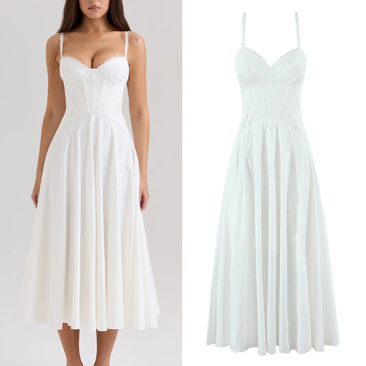 EtherealBe white lace panel midi dress for women with a fitted bodice and flowing skirt