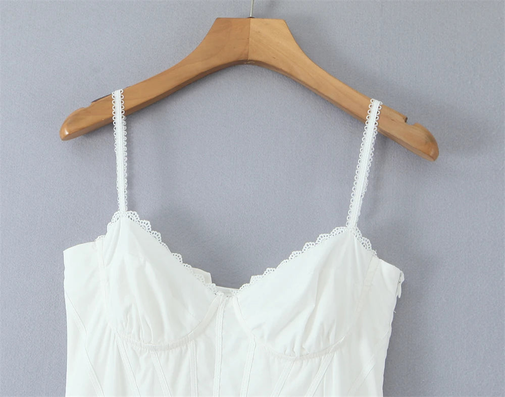 Stylish white lace panel midi dress for women featuring delicate lace trim and adjustable straps