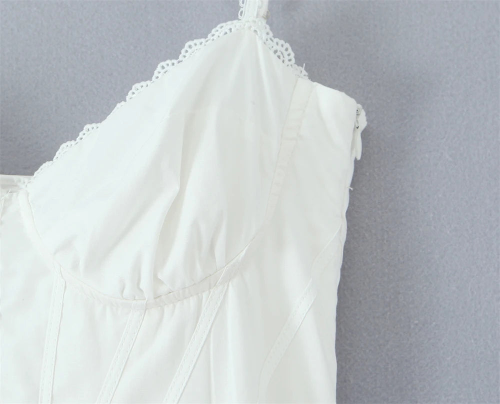 Elegant white lace panel midi dress for women featuring delicate lace detailing on the neckline