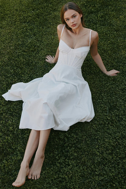 EtherealBe white lace panel midi dress for women with a fitted bodice and flowy skirt, perfect for summer outings.