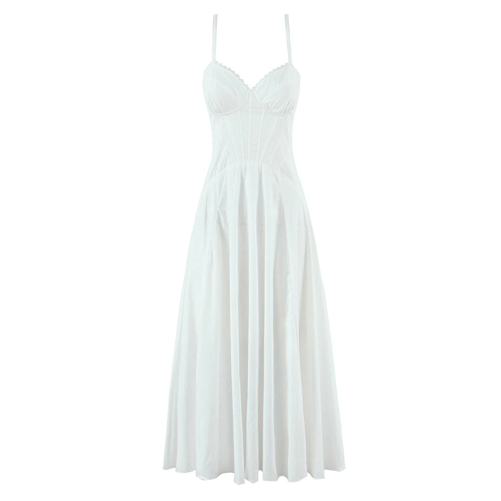EtherealBe white lace panel midi dress for women with a flattering silhouette and adjustable straps