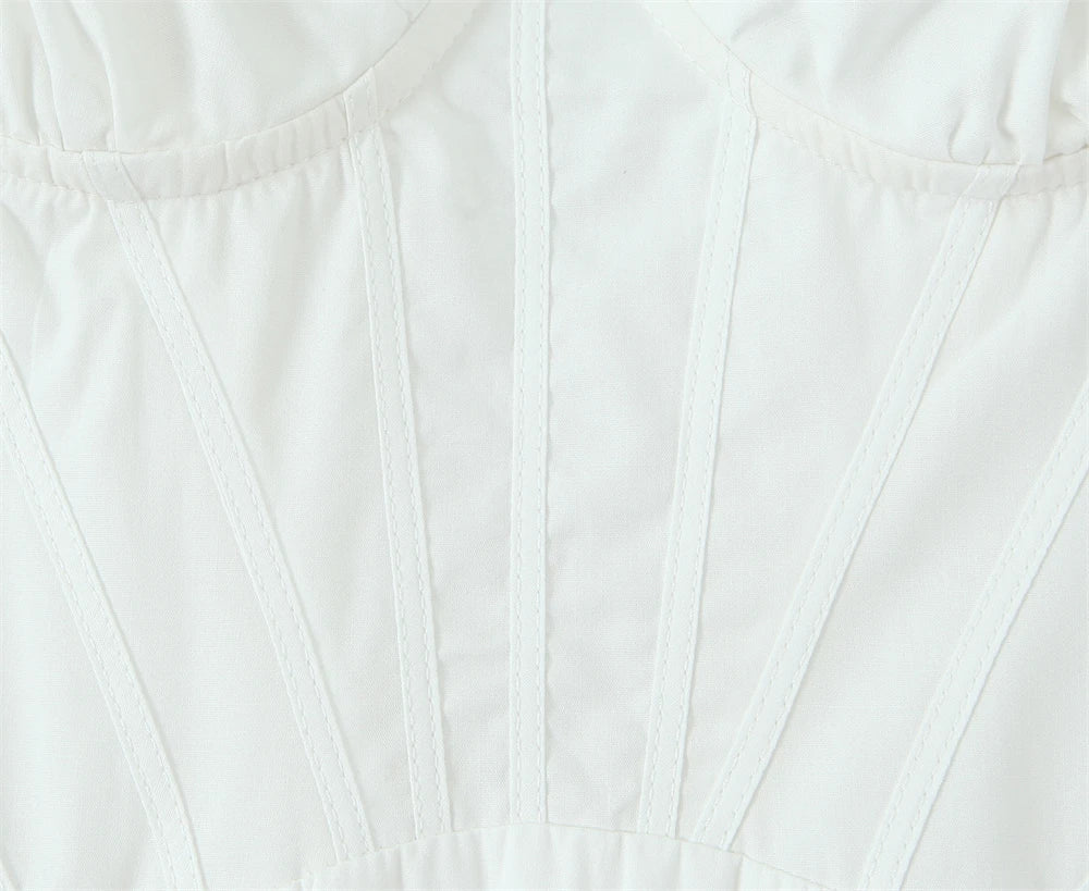Close-up of white lace panel midi dress for women highlighting intricate lace details and elegant design