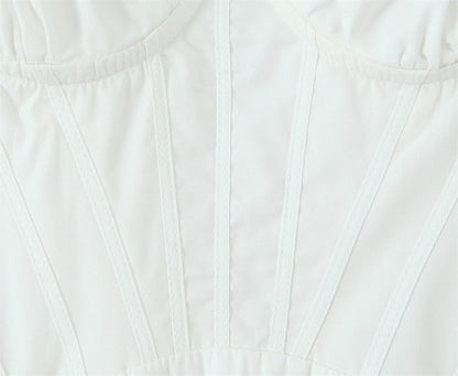 Close-up of white lace panel midi dress for women highlighting intricate lace details and elegant design