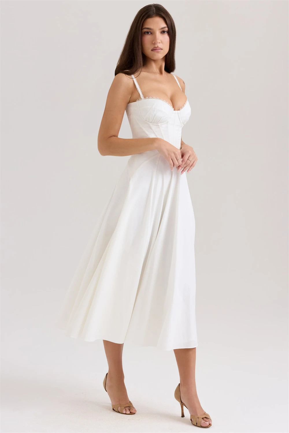 Elegant white lace panel midi dress for women featuring a fitted bodice and flowy skirt