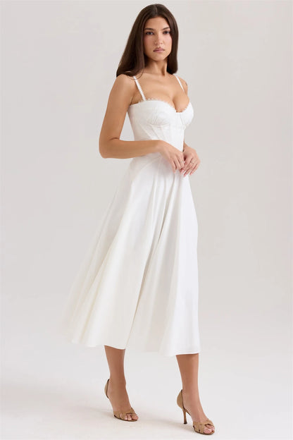 Elegant white lace panel midi dress for women featuring a fitted bodice and flowy skirt