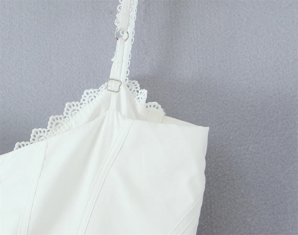 Elegant white lace panel midi dress for women showcasing delicate straps and intricate lace details