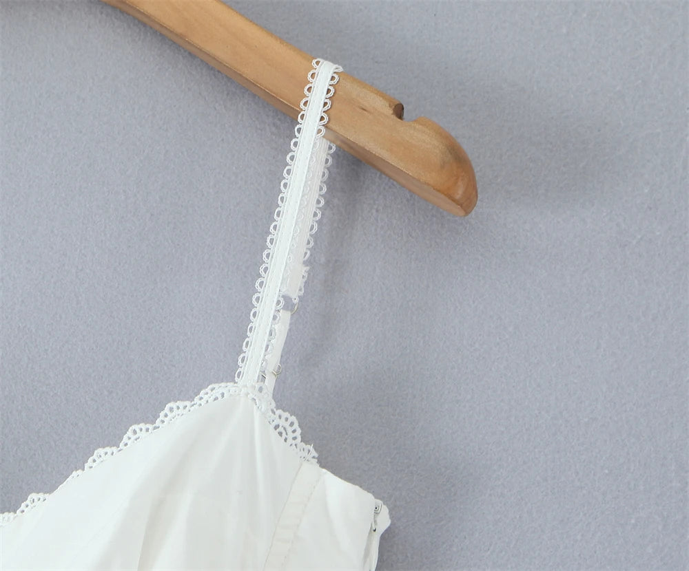 Close-up of white lace panel midi dress for women showcasing delicate straps and detailed lace design