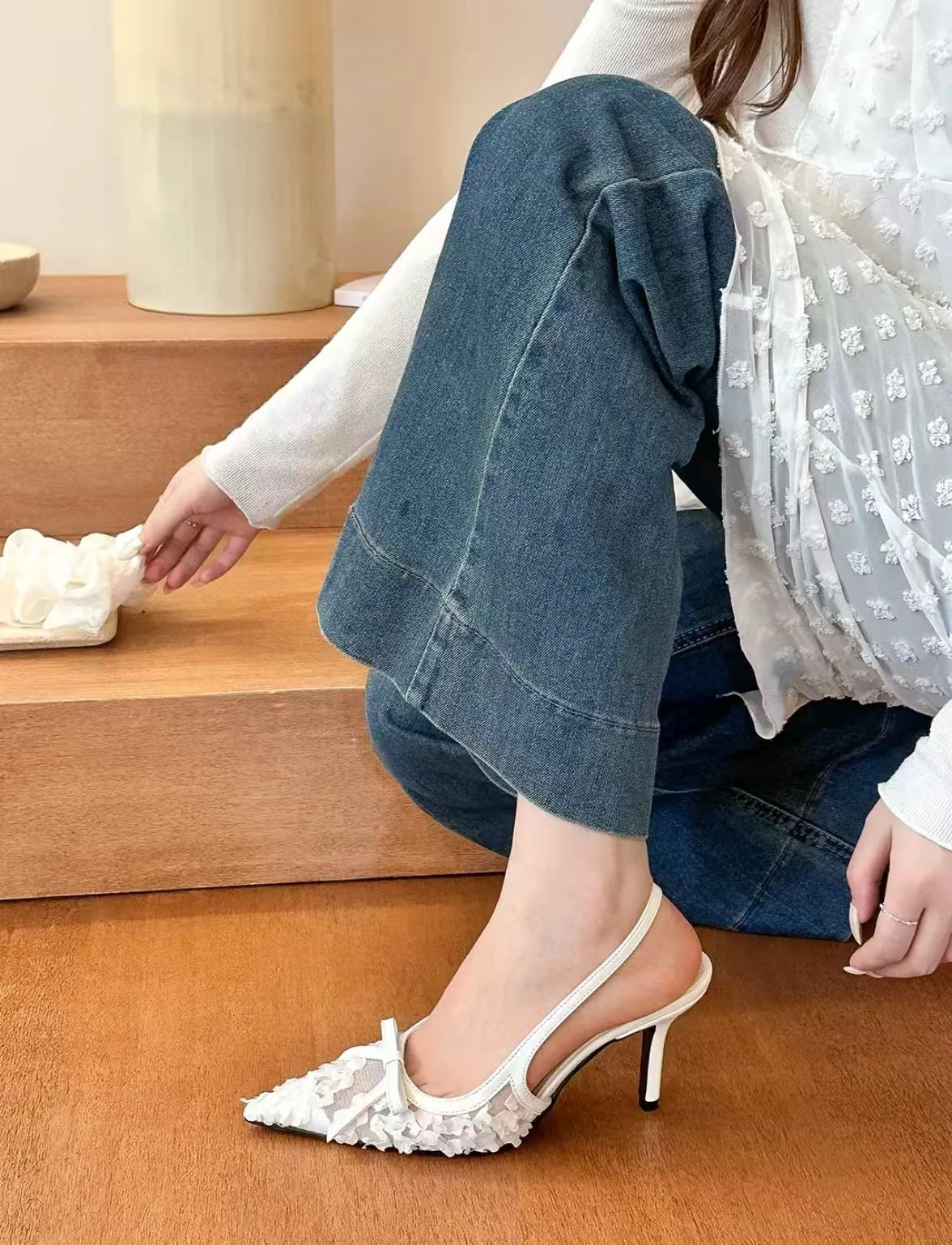 Stylish white lace slingback heels women with elegant detailing for a chic look