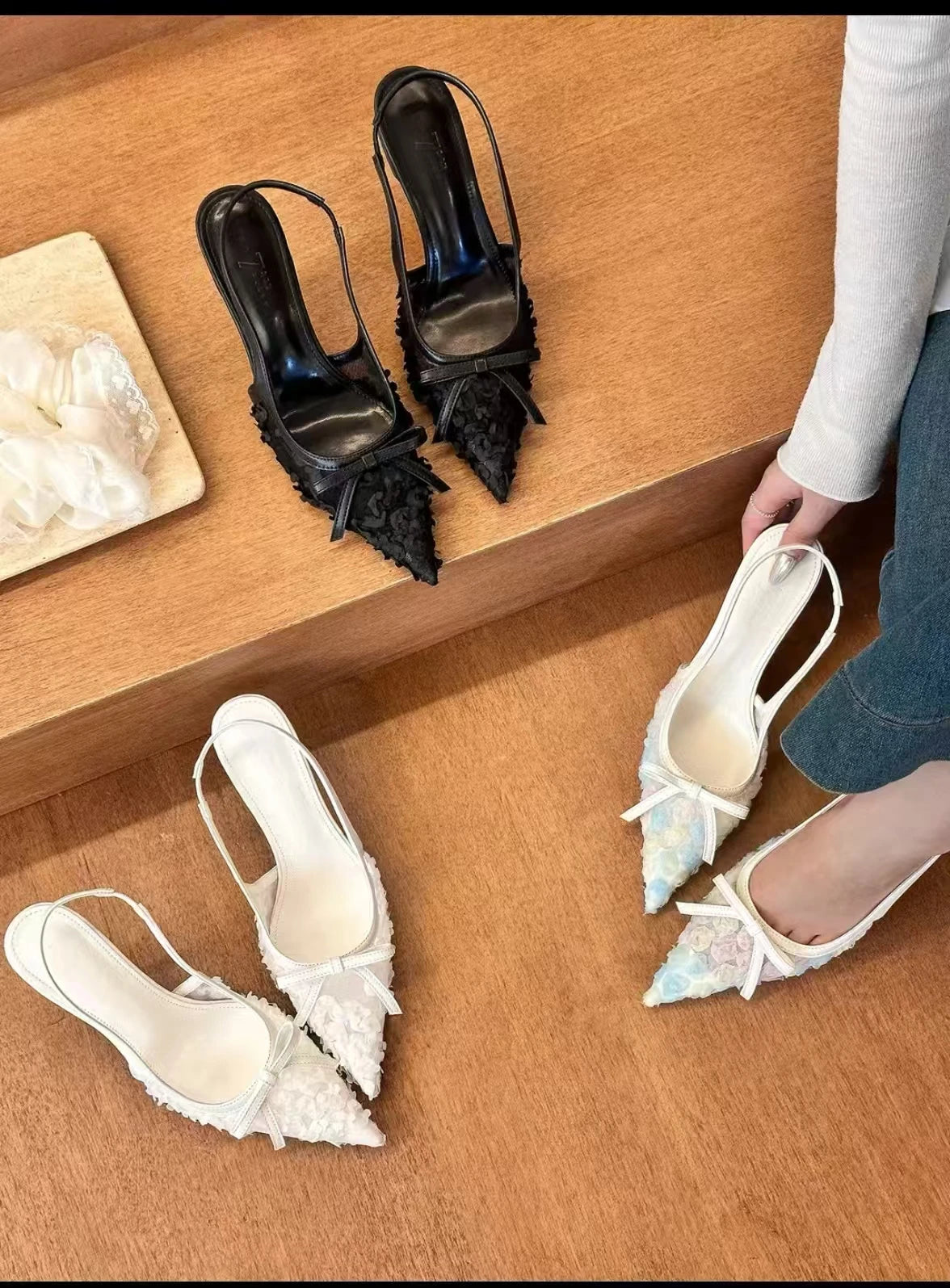 EtherealBe white lace slingback heels women with pointed toe design, stylish for formal occasions