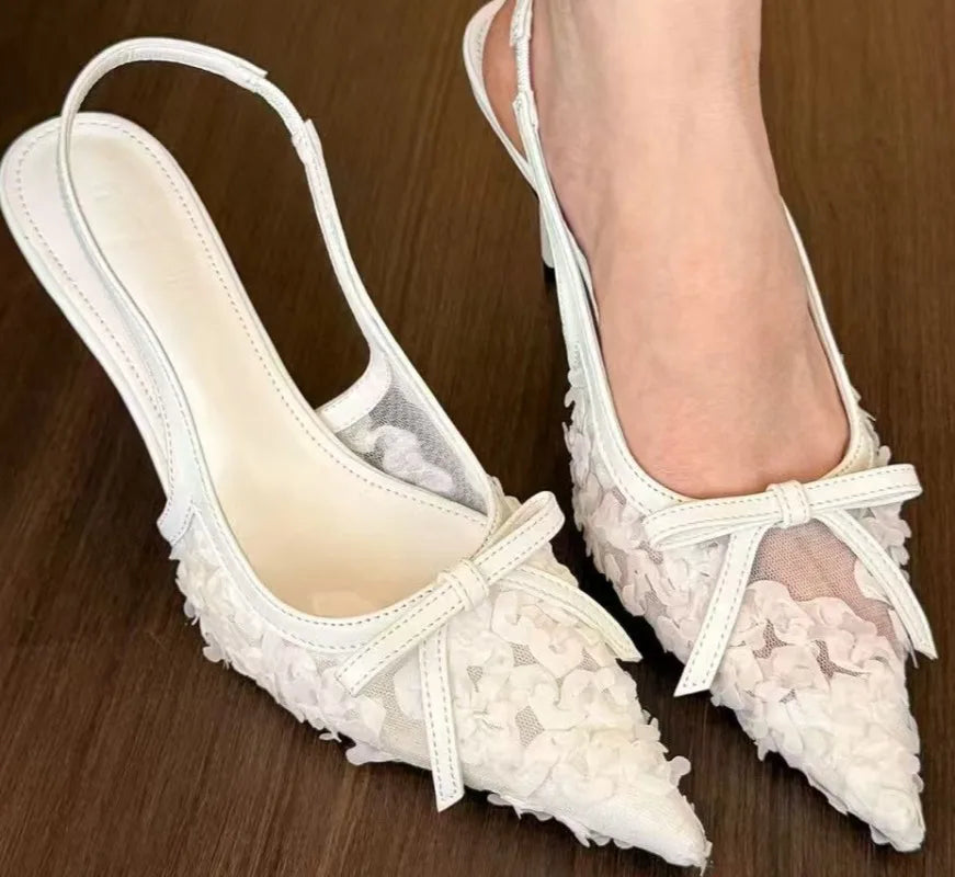 EtherealBe white lace slingback heels women with floral design and pointed toe for elegant occasions
