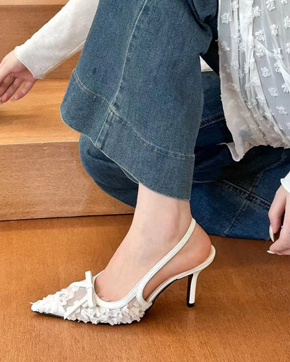 White lace slingback heels women with elegant design and pointed toe, perfect for special occasions