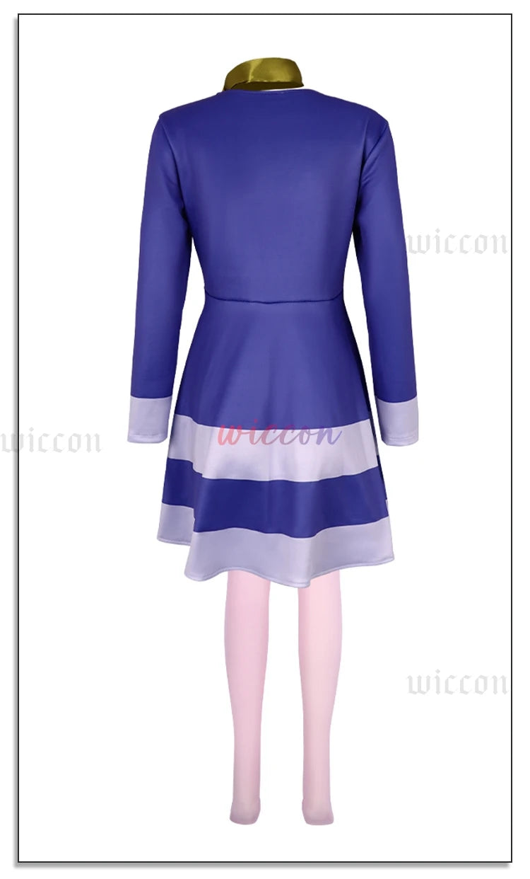 Back view of EtherealBe Daphne cosplay Halloween costume for women in blue with white and green accents