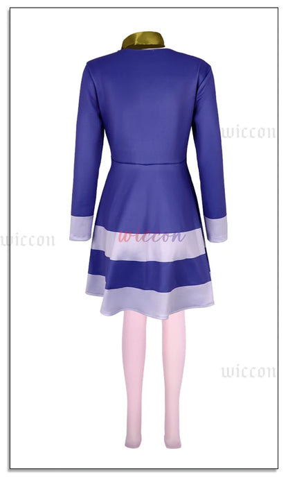 Back view of EtherealBe Daphne cosplay Halloween costume for women in blue with white and green accents