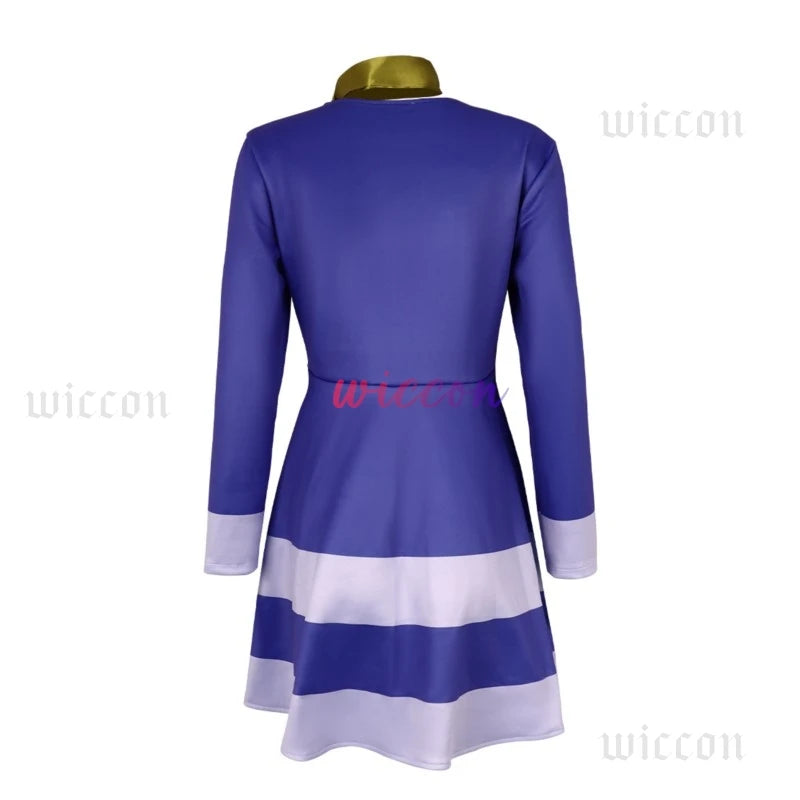 Back view of the Daphne cosplay Halloween costume for women in purple with white stripes