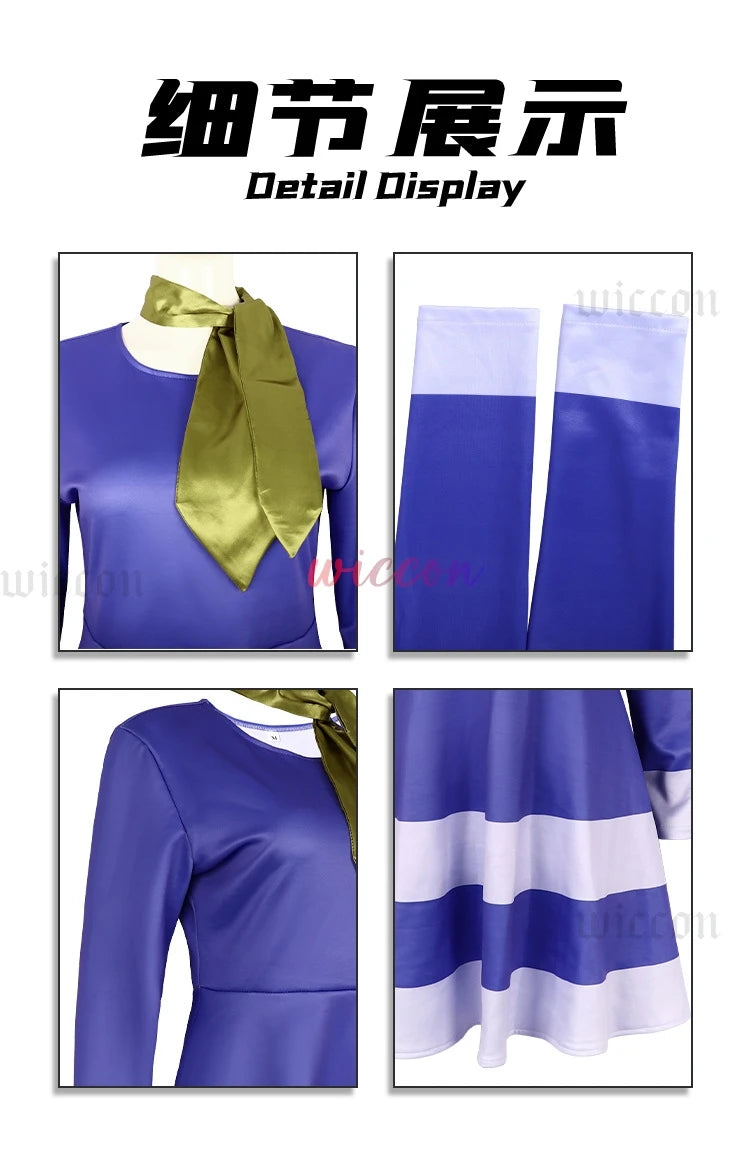 EtherealBe Daphne cosplay Halloween costume for women featuring purple dress and green scarf details
