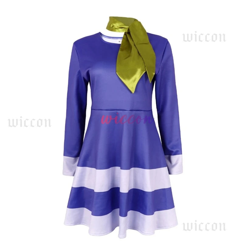 Daphne cosplay Halloween costume for women featuring a purple dress with a green scarf