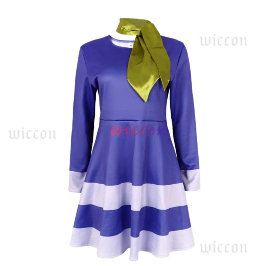 Daphne cosplay Halloween costume for women featuring a purple dress with a green scarf